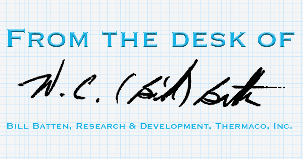 Text on a grid background reads, "From the desk of" above a black, handwritten signature. Below, blue text says, "Bill Batten, Research & Development, Thermaco, Inc."—innovators in super-capacity grease interceptor solutions for restaurants.