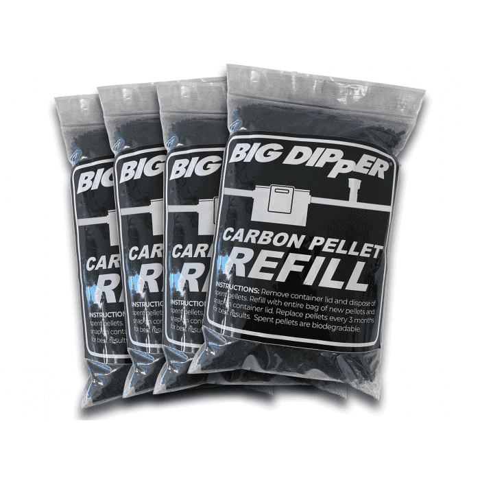 Four upright packets labeled "Active Carbon Filter Refill (4 packets)" reveal dark pellets inside, perfect for use in restaurant grease interceptors. Each packet features clearly printed instructions on the label.