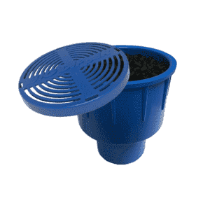 A blue plastic Carbon Vent Filter with a removable slotted lid, partially open to reveal black granules inside. This super-capacity filter features vertical ridges and a wide base.