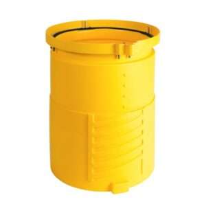 The ECA-TSS-29 is a large, cylindrical yellow plastic grease interceptor for restaurants, featuring a wide open top, ridged vertical sides, raised rim, indented surface patterns, and a small protruding tab near the base.