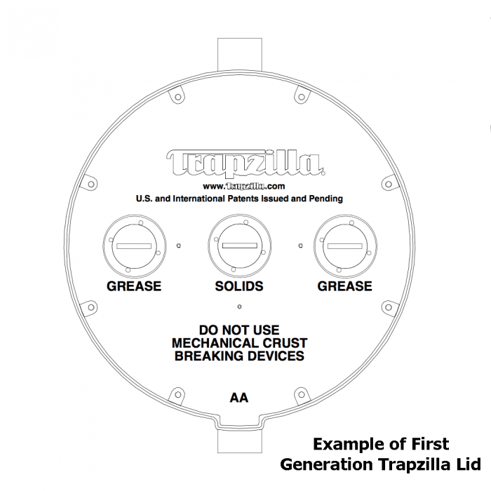 Black and white diagram of a Trapzilla Lid for the Rubber Gasket RG-400/600, labeled “GREASE” and “SOLIDS,” with warning text, patent info, and “Example of First Generation Trapzilla Lid” in the lower right corner.