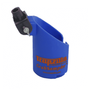 The GrabSampler is a blue plastic device by Trapzilla with orange branding, a black attachment piece, and a metal pin on the upper left—perfect for use with super-capacity grease interceptors in restaurants.