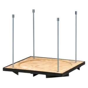 The HA-400/600 Hanging Assembly features a wooden square board with four long metal rods at each corner on a black base with angled supports, and includes a circular groove pattern for enhanced stability and design.