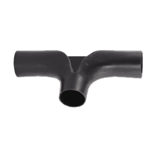 A 4" black molded plastic flow splitter with three openings, designed for joining or splitting pipe flows in grease interceptor systems. The product appears on a plain white background.