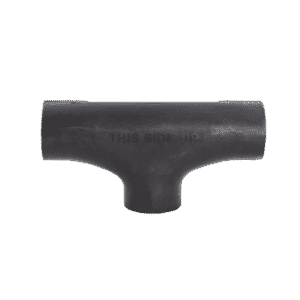 The Molded Flow Splitter Plastic, 6", is a black T-shaped pipe fitting for grease interceptors with "THIS SIDE UP" embossed on the side, displayed against a white background.