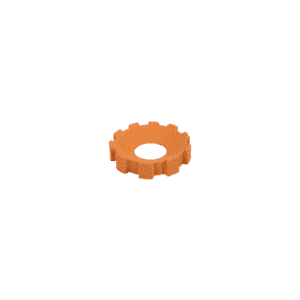 An orange, circular plastic Support Stand with evenly spaced rectangular teeth around the edge and a central hole, designed for use with grease interceptors in restaurant kitchens, shown against a white background.