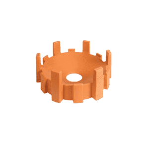 The Support Stand is an orange, circular plastic object with evenly spaced rectangular tabs around the edge and a round center hole—ideal for use in super-capacity grease interceptors for restaurants. Displayed on a white background.