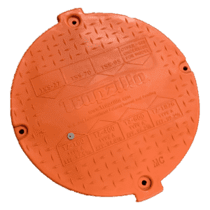 The 22" Solid Top Plastic Cover is an orange, round plastic lid with "Tempzilla" and model details embossed, three edge holes, and a textured diamond-pattern surface, designed for restaurant grease interceptors.