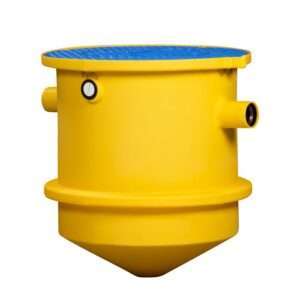 The TSS-70 Trapzilla Solids Separator is a yellow cylindrical industrial container with a blue textured lid, side pipe outlet, capped opening, and cone-shaped bottom—perfect as a high-capacity grease interceptor for restaurants. Shown on white background.