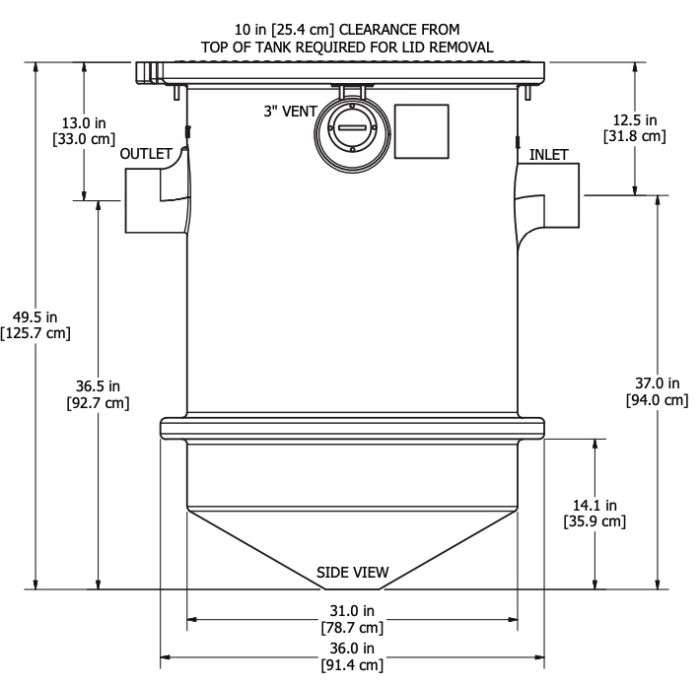 Technical drawing of the TSS-95-6 Trapzilla Solids Separator featuring a cylindrical tank, 6" inlet/outlet pipes, a 3" vent, conical bottom, and labeled side view dimensions for height and width in inches and centimeters.