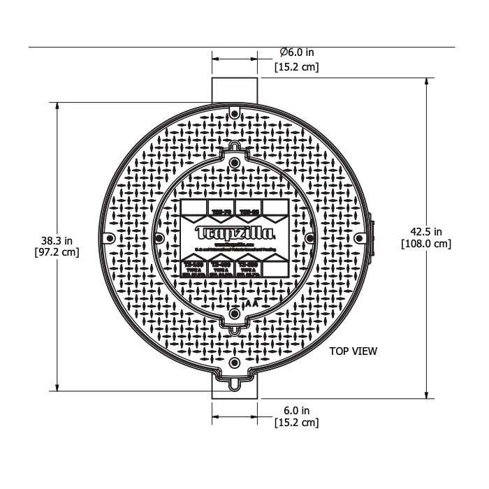 Technical drawing of the TSS-95-6 Trapzilla Solids Separator with 6" inlet/outlet, showing dimensions: diameter 15.2 cm, width 97.2 cm, height 108.0 cm, and bottom section width 15.2 cm (6 in).