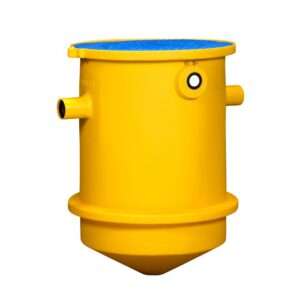 The TSS-95 Trapzilla Solids Separator is a large, yellow, cylindrical interceptor featuring a blue grid-patterned lid, two side pipes, a small round gauge, and a conical bottom; isolated on a white background.