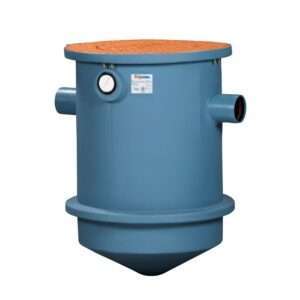 The TZ-600-6 Trapzilla Grease Interceptor with 6" inlet/outlet is shown, featuring a blue body, round orange lid, three pipe connections, small inspection port, and front label. Perfect grease interceptor for restaurants; displayed against a plain white background.
