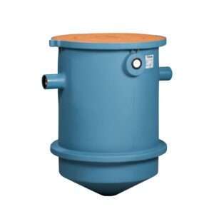 The TZ-600 Trapzilla Grease Interceptor is a large blue cylindrical unit with super-capacity, featuring two side pipe connections, a round orange top lid, and a cone-shaped base, shown on a white background.