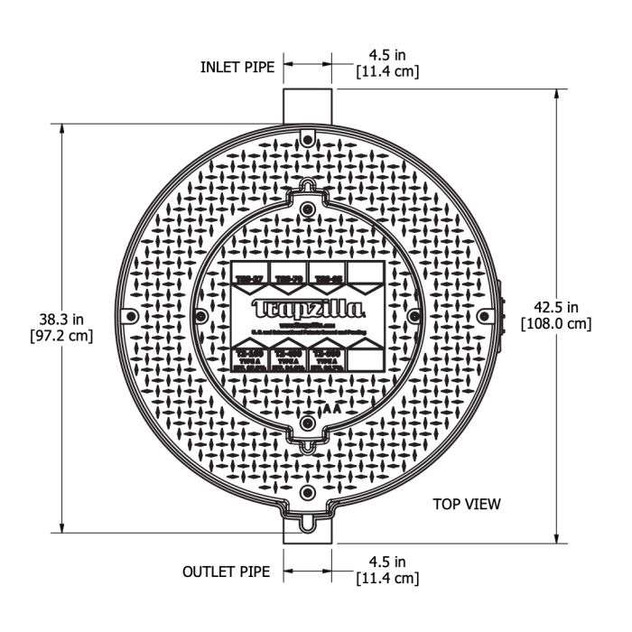 Black and white technical drawing of the TZ-600 Trapzilla Grease Interceptor, a super-capacity unit with 4.5 in (11.4 cm) inlet/outlet pipes, measuring 42.5 in (108 cm) wide and 38.3 in (97.2 cm) high.