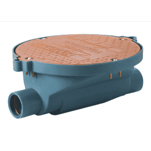 The TZSP-40 Trapzilla Sample Port is a blue plastic drainage channel with a large, round, textured orange cover and two side openings—perfect as a high-capacity grease interceptor for restaurant use.