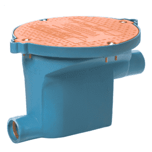 The TZSP-48 Trapzilla Sample Port is a blue plastic valve box with an orange circular cover, multiple side inlets and outlets, perfect for connecting to a restaurant grease interceptor.