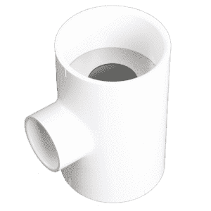 The 35 GPM Vented Flow Control Assembly is a white PVC T-shaped fitting with one main cylindrical section and a perpendicular outlet, commonly used with restaurant grease interceptors.