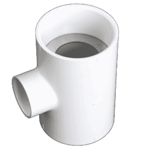 The 50 GPM Vented Flow Control Assembly, ideal for restaurant grease interceptor connections, features a T-shaped PVC fitting with a side outlet, designed for plumbing or irrigation applications and shown against a plain background.